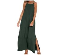 Vestido midi de algodón y lino para mujer, vestido de verano casual sin mangas con bolsillo, vacaciones, tirantes delgados, dobladillo con abertura, vestido de verano para mujeres pequeñas, verde, XL