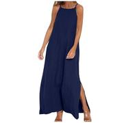 Vestido midi de algodón y lino para mujer, vestido de verano casual sin mangas con bolsillo, vacaciones, tirantes delgados, dobladillo con abertura, vestido de verano para mujeres pequeñas, azul