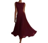 Vestido Midi De Gasa con Escote Drapeado Vestido Midi de Gasa con Cuello drapeado, Vestidos Invitados Boda sin Mangas Vuelto, Vestido Largo Elegante y Fluido Clase(Red,S)
