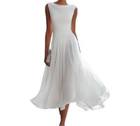 Vestido Midi De Gasa con Escote Drapeado Vestido Midi de Gasa con Cuello drapeado, Vestidos Invitados Boda sin Mangas Vuelto, Vestido Largo Elegante y Fluido Clase(White,XXL)