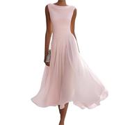 Vestido Midi De Gasa con Escote Drapeado Vestido Midi de Gasa con Cuello drapeado, Vestidos Invitados Boda sin Mangas Vuelto, Vestido Largo Elegante y Fluido Clase(Pink,L)