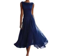 Vestido Midi De Gasa con Escote Drapeado Vestido Midi de Gasa con Cuello drapeado, Vestidos Invitados Boda sin Mangas Vuelto, Vestido Largo Elegante y Fluido Clase(Blue,XXL)