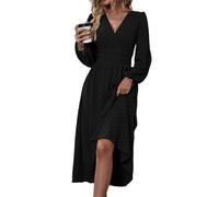 Vestido midi de manga larga con cuello en V para mujer, vestido acampanado con mangas abullonadas y corte fluido, vestido largo para invitadas de boda y fiestas, Negro , XXL