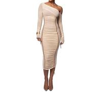 Vestido Midi de Manga Larga for Mujer Vestido Largo Sexy de Fiesta de Club Ajustado Fruncido sin Espalda de Malla de Dos Capas(White,S)