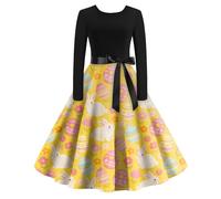 Vestido Midi De Manga Larga para Mujer con Falda Acampanada Y Cinturón Decorativo Artístico Retro 2XL