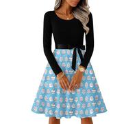 Vestido Midi De Manga Larga para Mujer con Falda Acampanada Y Cinturón Decorativo Artístico Retro 2XL
