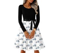 Vestido Midi De Manga Larga para Mujer con Falda Acampanada Y Cinturón Decorativo Artístico Retro 4XL
