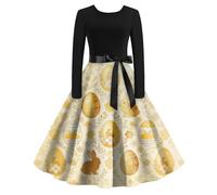 Vestido Midi De Manga Larga para Mujer con Falda Acampanada Y Cinturón Decorativo Artístico Retro 5XL