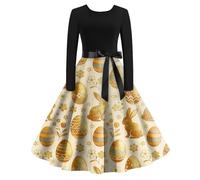Vestido Midi De Manga Larga para Mujer con Falda Acampanada Y Cinturón Decorativo Artístico Retro Caqui 2XL