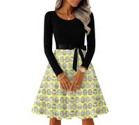 Vestido Midi De Manga Larga para Mujer con Falda Acampanada Y Cinturón Decorativo Artístico Retro M