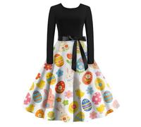 Vestido Midi De Manga Larga para Mujer con Falda Acampanada Y Cinturón Decorativo Artístico Retro Multicolor 5XL