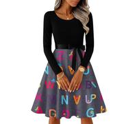 Vestido Midi De Manga Larga para Mujer con Falda Acampanada Y Cinturón Decorativo Artístico Retro Negro S