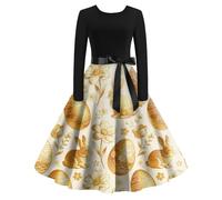 Vestido Midi De Manga Larga para Mujer con Falda Acampanada Y Cinturón Decorativo Artístico Retro Oro 4XL