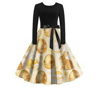 Vestido Midi De Manga Larga para Mujer con Falda Acampanada Y Cinturón Decorativo Artístico Retro Oro 3XL