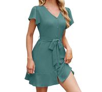 Vestido Midi de Mujer con Escote en V y Fila de Botones Tallas Grandes Mangas con Volantes Vestidos Casuales para Mujer de un Solo Color Vestido Línea A Dulce con Cinturón