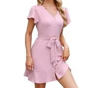 Vestido Midi de Mujer con Escote en V y Fila de Botones Tallas Grandes Mangas con Volantes Vestidos Casuales para Mujer de un Solo Color Vestido Línea A Dulce con Cinturón