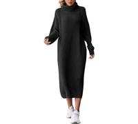 Vestido midi de punto acanalado con cuello alto en un ajuste holgado de gran tamaño para ropa de descanso acogedora de otoño e invierno, Negro, S