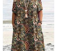 Vestido Midi de Talla Grande con Estampado Bohemio Paisley y Flores - Cuello Elástico Lavable a Máquina, Ropa Casual para Vacaciones y Playa Todo el Año, Ajuste , Material , Armarios