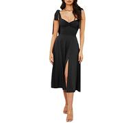 Vestido midi de verano para mujer, con tirantes de corbata, dividido, estampado floral, sin mangas, con volantes, casual, vintage, acampanado, para la playa, Negro -, X-Large