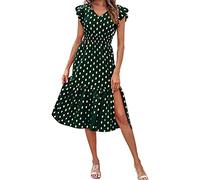 Vestido Midi Fluido de Mujer con Cuello en V Sin Mangas Volantes Elegante para Eventos de Verano Abertura Linea A Vestidos de Cóctel (Green, L)