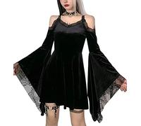 Vestido midi gótico retro de corte de encaje de manga larga con cuello redondo hueco negro puro temperamento terciopelo, Flare Sleeve Black, 44