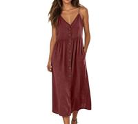 Vestido midi informal sin mangas con tira de botones y tirantes estrechos para el día a día, oficina, vacaciones, ocio, playa, cuello en V, adornado con botones, adecuado para zapatos de primavera