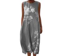 Vestido Midi Mujer Vestido Talla Grande Mujer Boho Sin Mangas Cuello Redondo Algodón y Lino Suelto Elegante Vestidos Mujer Verano Casual Playa Vacaciones Ropa Tallas Grandes Vestido Largo (K,3XL)