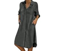 Vestido Midi para mujer de verano - Vestidos de verano para mujer, vestido de cuello con cuello de manga larga, vestidos de mezclilla de un solo pecho, vestido chemisier con bolsillos vestido liso