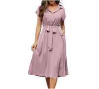 Vestido midi para mujer, elegante, manga corta, vestido de blusa, con cinturón, botones y solapa, vestido de verano elástico, cintura alta, vestido camisero, líneas A, vestido informal de verano