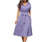 Vestido midi para mujer, elegante, manga corta, vestido de blusa, con cinturón, botones y solapa, vestido de verano elástico, cintura alta, vestido camisero, líneas A, vestido informal de verano