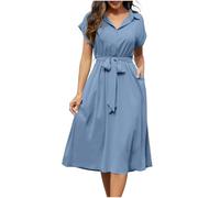 Vestido midi para mujer, elegante, manga corta, vestido de blusa, con cinturón, botones y solapa, vestido de verano elástico, cintura alta, vestido camisero, líneas A, vestido informal de verano
