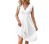 Vestido Midi para Mujer Vestido de Playa de Manga Corta Vestido Casual Diario de Gasa con Cuello en V Y Volantes Florales Vestido Corto de Verano Mini Vestido Corto de Fiesta Mujer(Blanco,S)