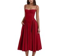 Vestido midi sin mangas con tirantes delgados, vestido midi bustier, vestido moderno acampanado con bolsillo, rosso, M