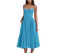 Vestido midi sin mangas con tirantes delgados, vestido midi bustier, vestido moderno acampanado con bolsillo, azul, S