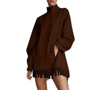 Vestido midi vintage occidental de gamuza sintética para mujer, vestido de manga larga, cuello alto, estilo terciopelo, vestido de manga larga con flecos, marrón, L