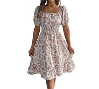Vestido Milkmaid Floral Cuello Cuadrado Mujer, Mangas Abullonadas Línea A Boho Rodilla, Té Jardín Informal Primavera(White,M)