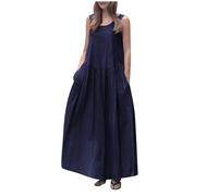 Vestido Mujer Algodón Y Lino Talla Grande Baggy Holgados Vestido Largo Mujer Elegantes Y Comodos Verano Otoño Formales Playa Ceremonia Long Dress (Navy, L)