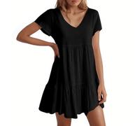 Vestido Mujer Casual Cuello En V Manga Corta Suelto con Vuelo Tipo Swing Vestido Corto para Cita O Diario Muy Cómodo Y Favorecedor para Días De Calor