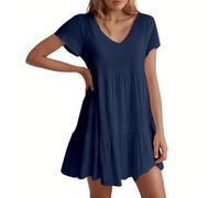 Vestido Mujer Casual Cuello En V Manga Corta Suelto con Vuelo Tipo Swing Vestido Corto para Cita O Diario Muy Cómodo Y Favorecedor para Días De Calor