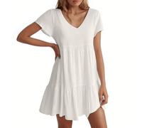 Vestido Mujer Casual Cuello En V Manga Corta Suelto con Vuelo Tipo Swing Vestido Corto para Cita O Diario Muy Cómodo Y Favorecedor para Días De Calor