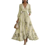 Vestido Mujer Casual Manga Larga - Ropa Mujer Vestidos Estampado Cuello En V, Vestidos Largo Vintage Moda - Dresses Único Adecuado para Primavera Amarillo XXL