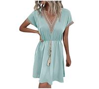 Vestido Mujer Casual, Vestidos Femininos Vestido Largo Mujer Casual Vestidos De Verano para De Color Liso con Cuello En V Y Manga Corta Elegante Midi Corte A Vuelo Cintura Alta Playa Holgado Verano E