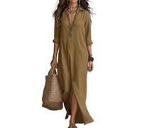 Vestido Mujer Color Liso Cuello De Solapa Manga Larga - Moda Mujer Verano 2026 Vestido Anchos Basicas, Vestidos Exquisito Viaje Dresses for Women Elegante Amarillo terroso L