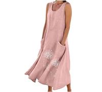 Vestido Mujer de Lino Algodón, Vestidos Mujer Estampado de Diente de León Vestidos Largo con Bolsillo de Color Sólido Maxi Vestido Sin Mangas Cuello Redondo