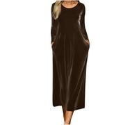 Vestido Mujer de Terciopelo Dorado Vestido Largo de Cóctel Ajustado con Mangas Largas Cuello Redondo Sencillo Vestidos Largo de A-Line Cintura Alta Elegante Color Sólido Vestidos de Fiestas Diario