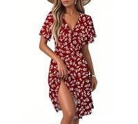 Vestido Mujer Elegante, Vestidos Femininos Vestido Largo Mujer Casual Vestidos Elegante De Manga Corta Con Cuello En V Y Estampado Floral Para Midi De Corte A Playa Bohemio Fluido Fiesta Verano Verano