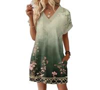 Vestido Mujer Estampado Vintage Cuello En V Manga Corta - Moda Mujer 2026 Vestido Anchos Classic, Vestidos Exquisito Basicas Dresses for Women Glamour Verde 3XL