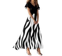 Vestido Mujer Fiesta, Vestido Negro Verano Mujer Vestidos Blanco Vestidos Largo Informal De Manga Corta con Cuello En V Y Estampado De Rayas para Estilo A Fluido Elegante Verano Comunion