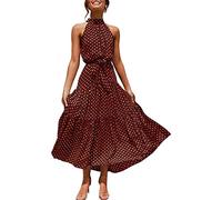 Vestido Mujer Impresión de Lunares con Cuello Halter Bohemio Largo Verano Playa Fiesta Floral/Polka Dot Maxi Vestidos Cóctel Falda Larga con Cinturón (Coffeedot, XL)