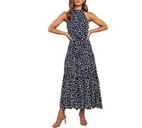 Vestido Mujer Impresión de Lunares con Cuello Halter Bohemio Largo Verano Playa Fiesta Floral/Polka Dot Maxi Vestidos Cóctel Falda Larga con Cinturón (Azul Real, XL)